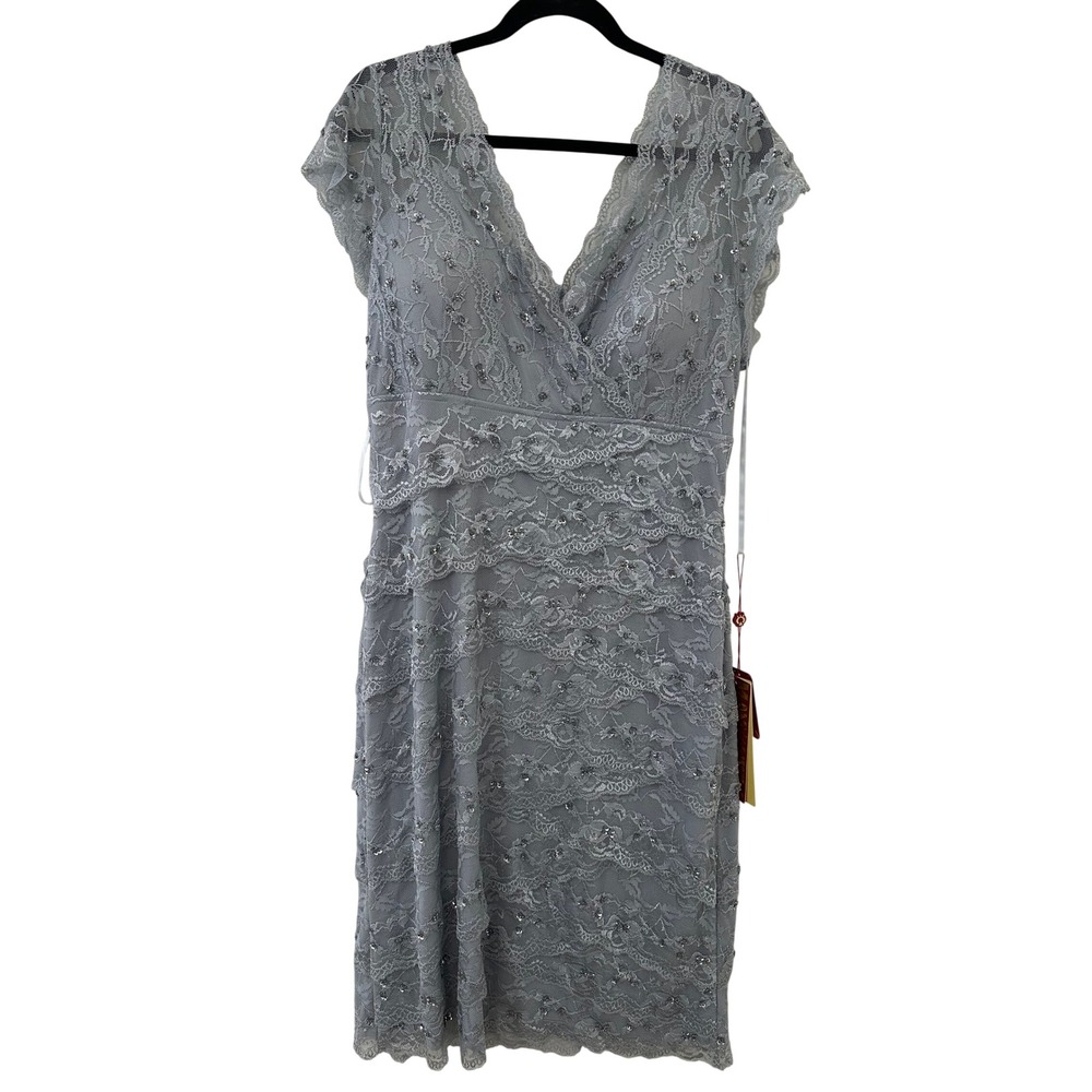 May Queen Couture Silver Lace Sequin Tiered V-Neck Cocktail Dress XL Event